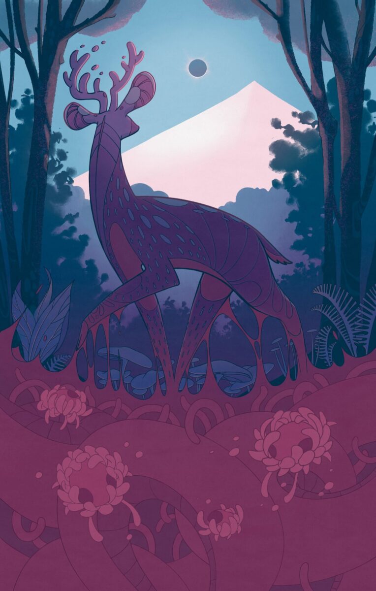 A deer looks backwards at an eclipsed moon over a sunlit mountain while walking into the dark forest, hooves sinking into sticky much in which there are anemone-like creatures and snake-like shapes