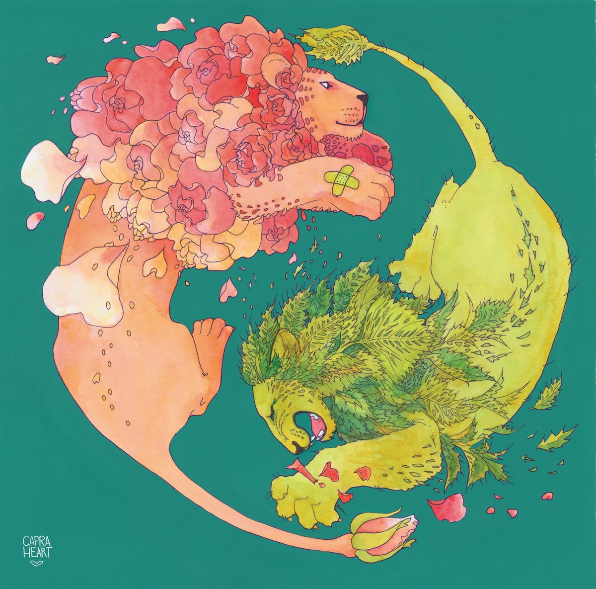 Two lions curved in a yinyang shape, one pink and smiling the other green and snarling